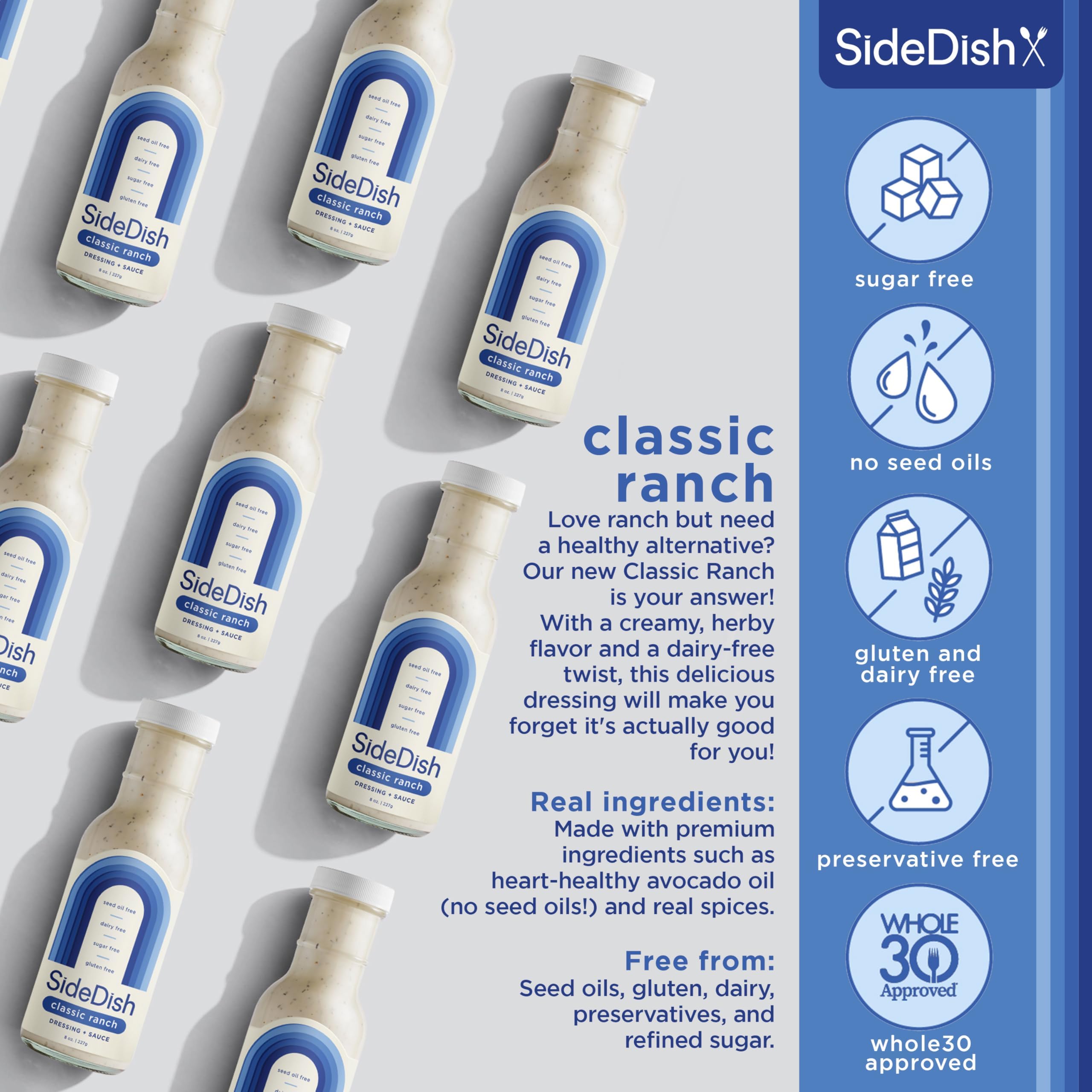 SideDish Classic Ranch Dressing ingredients label noting seed oil free and paleo-friendly