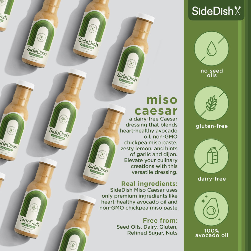 SideDish Miso Caesar dressing closeup, creamy texture and savory aroma.