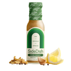 SideDish Miso Caesar dressing bottle pour, avocado oil-based flavor for salads.
