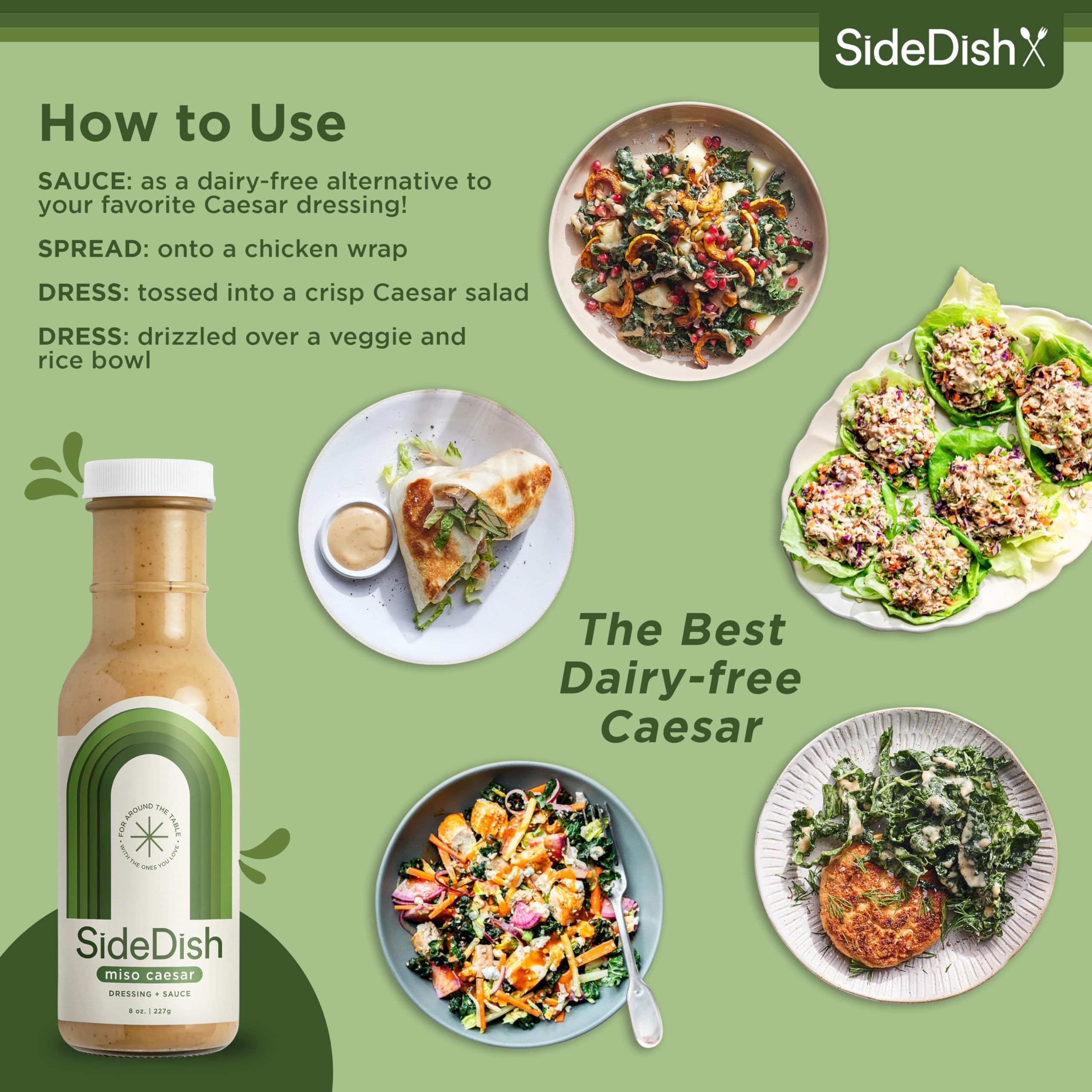 SideDish Miso Caesar dressing on a grilled-protein dinner plate.