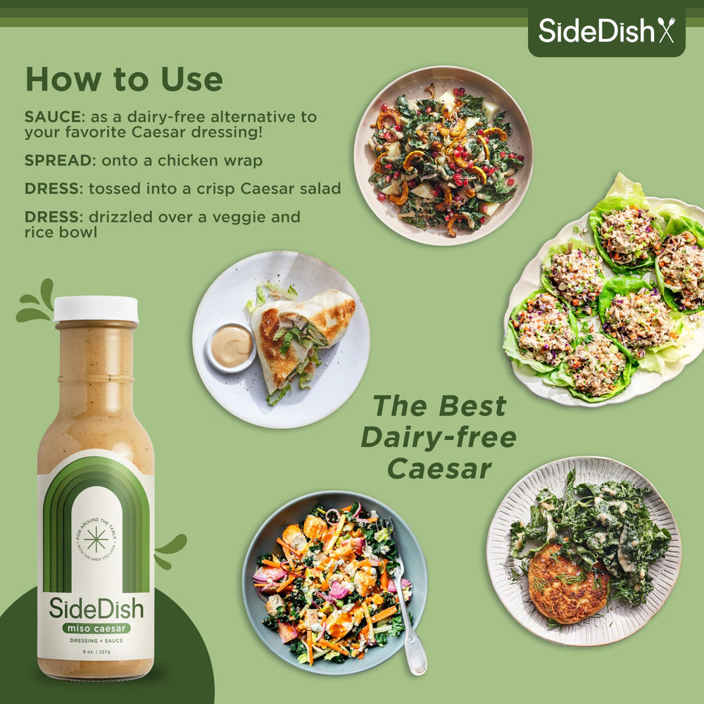 SideDish Miso Caesar dressing on a grilled-protein dinner plate.