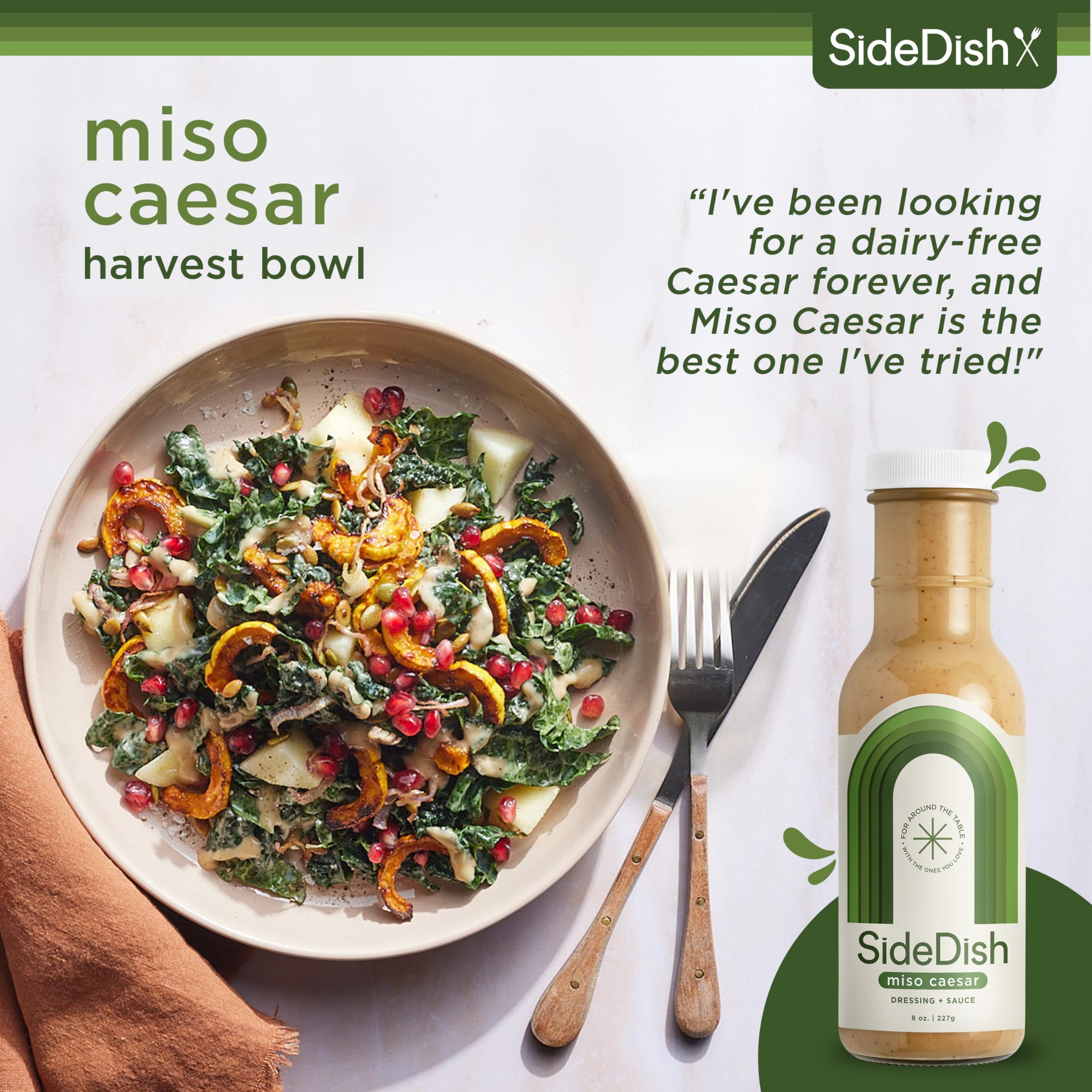SideDish Miso Caesar dressing over a fresh salad bowl.