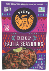 Siete Beef Fajita Seasoning Packet on the counter for quick, gluten-free fajitas.