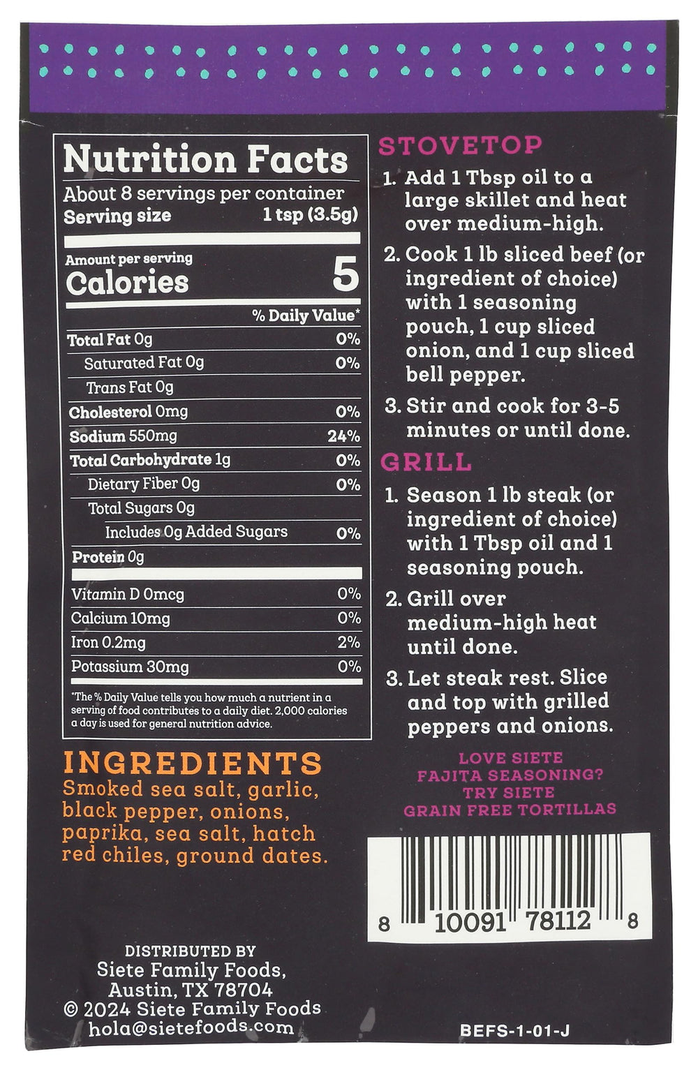 Siete Beef Fajita Seasoning Spice Blend in a bowl for vibrant cooking.