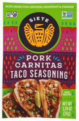 Siete Carnitas Seasoning Mix bottle ready for quick, flavorful weeknight dinners.