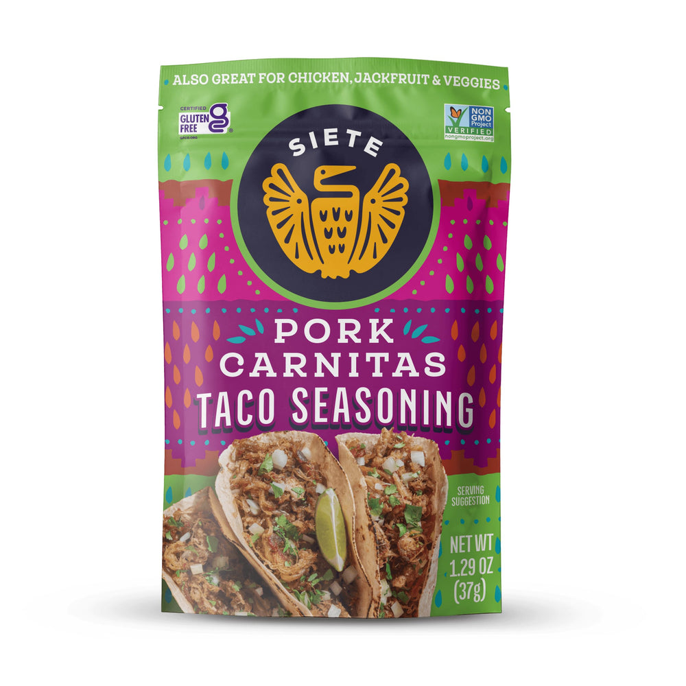 Siete Carnitas Taco Seasoning Mix packaging shown for gluten free meals