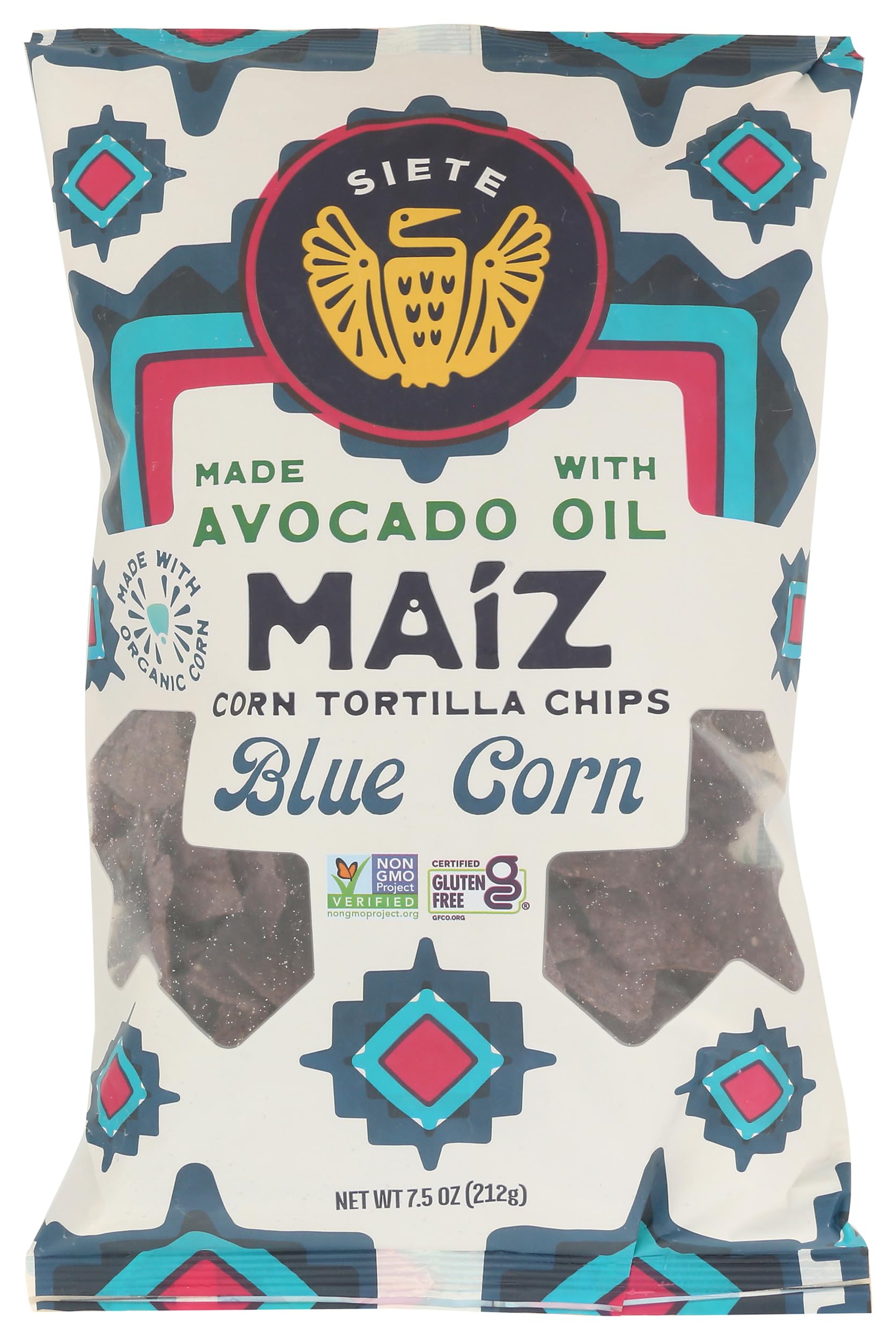 Siete Trtla Blue Crn chips packshot highlighting premium ingredients and tortilla crunch
