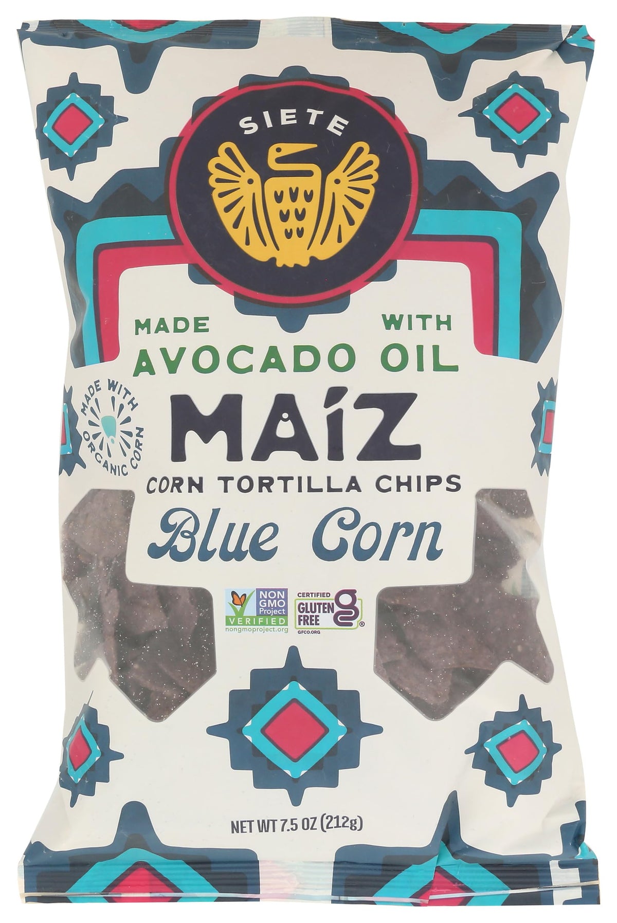 Siete Trtla Blue Crn chips packshot highlighting premium ingredients and tortilla crunch
