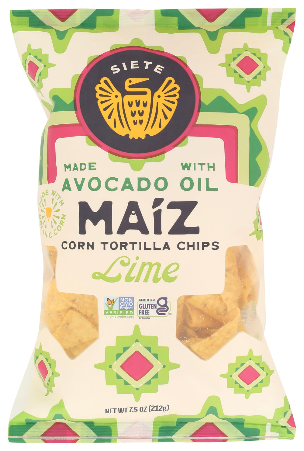 Siete Chips Trtla Maiz Lime bag showcases vibrant lime flavor, ideal for quick snacking.