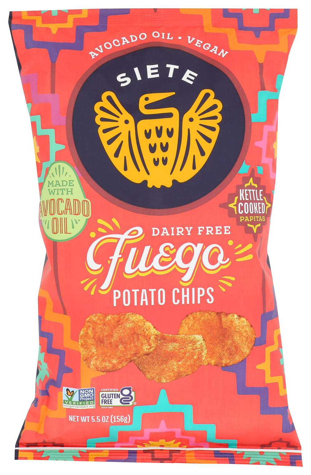 Siete Fuego potato chips front bag shows crisp texture for snacking.