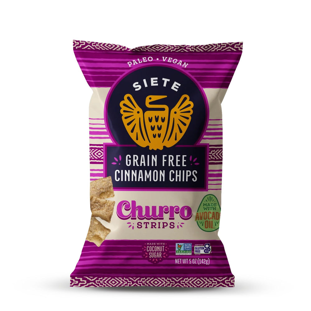 Siete grain-free churro strips bag, convenient gluten-free snack for on-the-go.