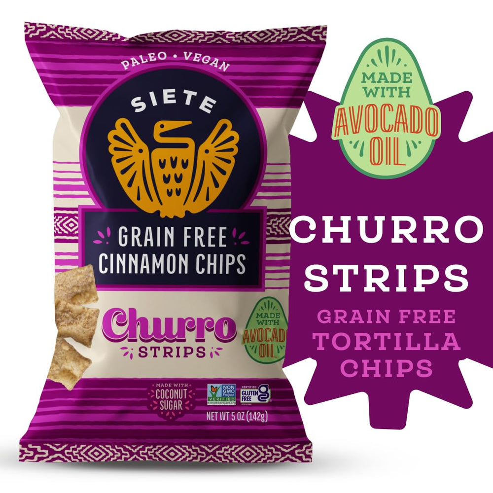 Siete grain-free churro strips pack three, vegan and non-GMO option.