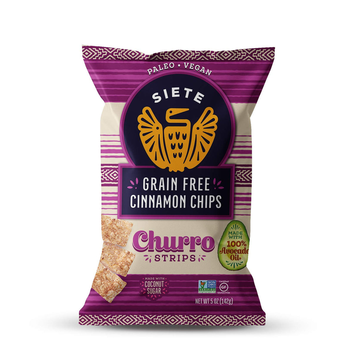 Siete grain-free cinnamon churro strips bag with crisp texture for a dairy-free snack.