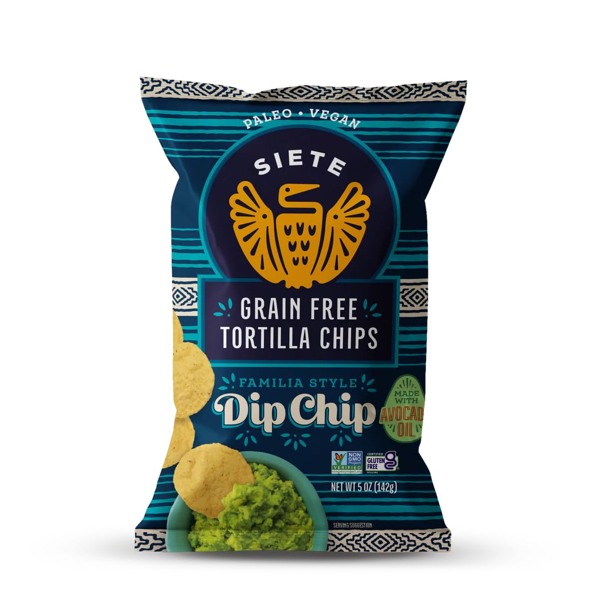 Siete Grain Free Tortilla Chips bag front showing gluten-free crunch ideal for dips