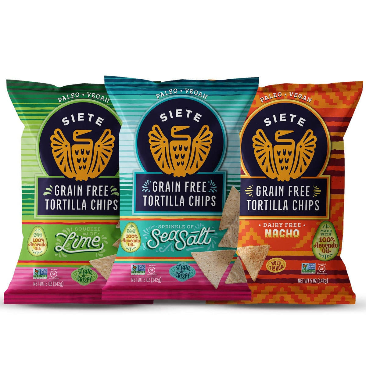 Siete grain free lime tortilla chips in a bag for tangy snacking.