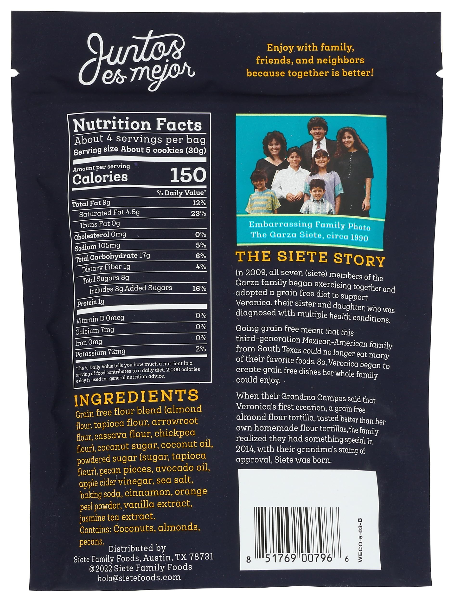 Siete Mexican Wedding Cookies packaging shown, gluten-free and vegan snack.