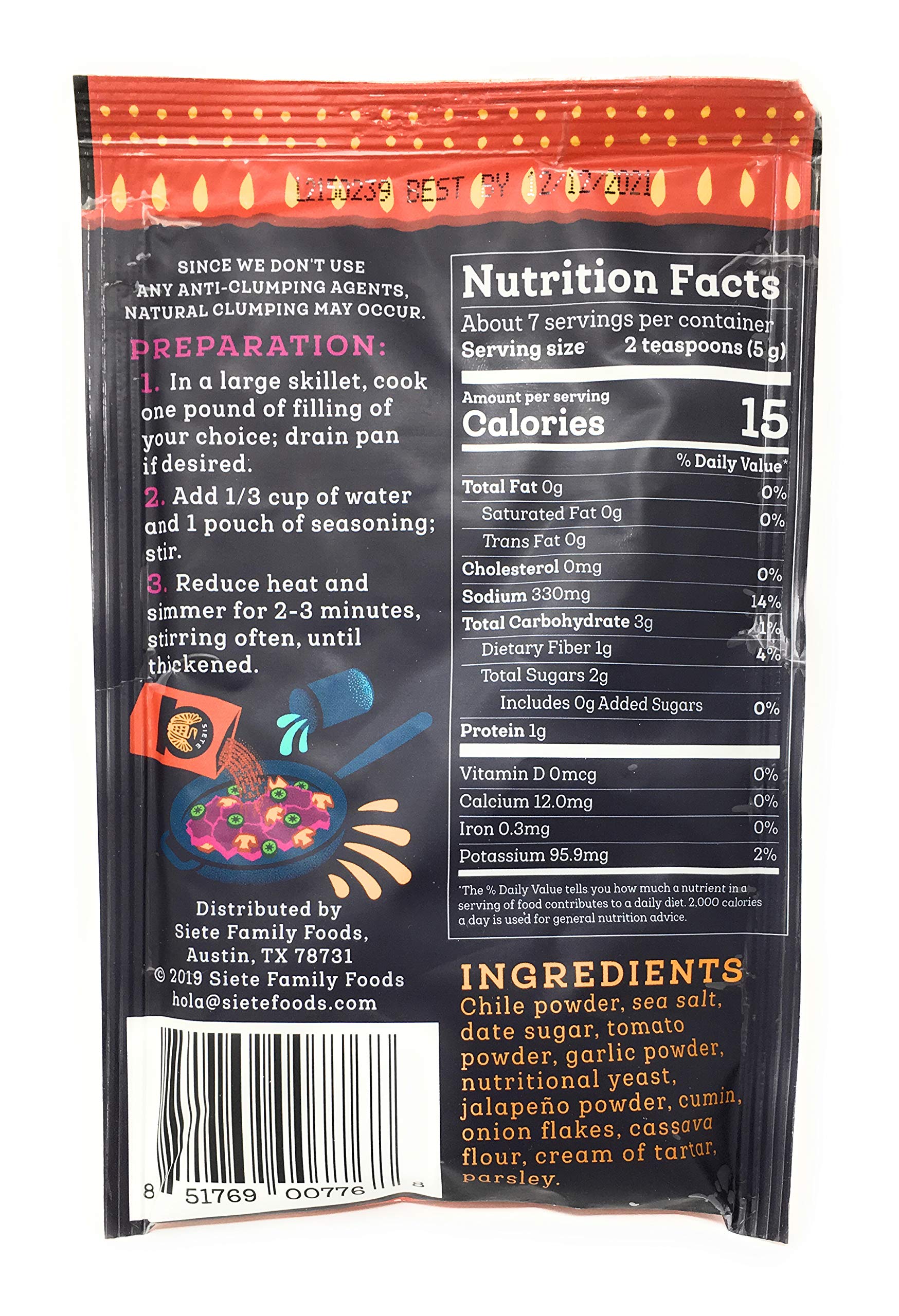 Ingredients display for Siete Mild Taco Seasoning—tomato, garlic, chili, cumin.
