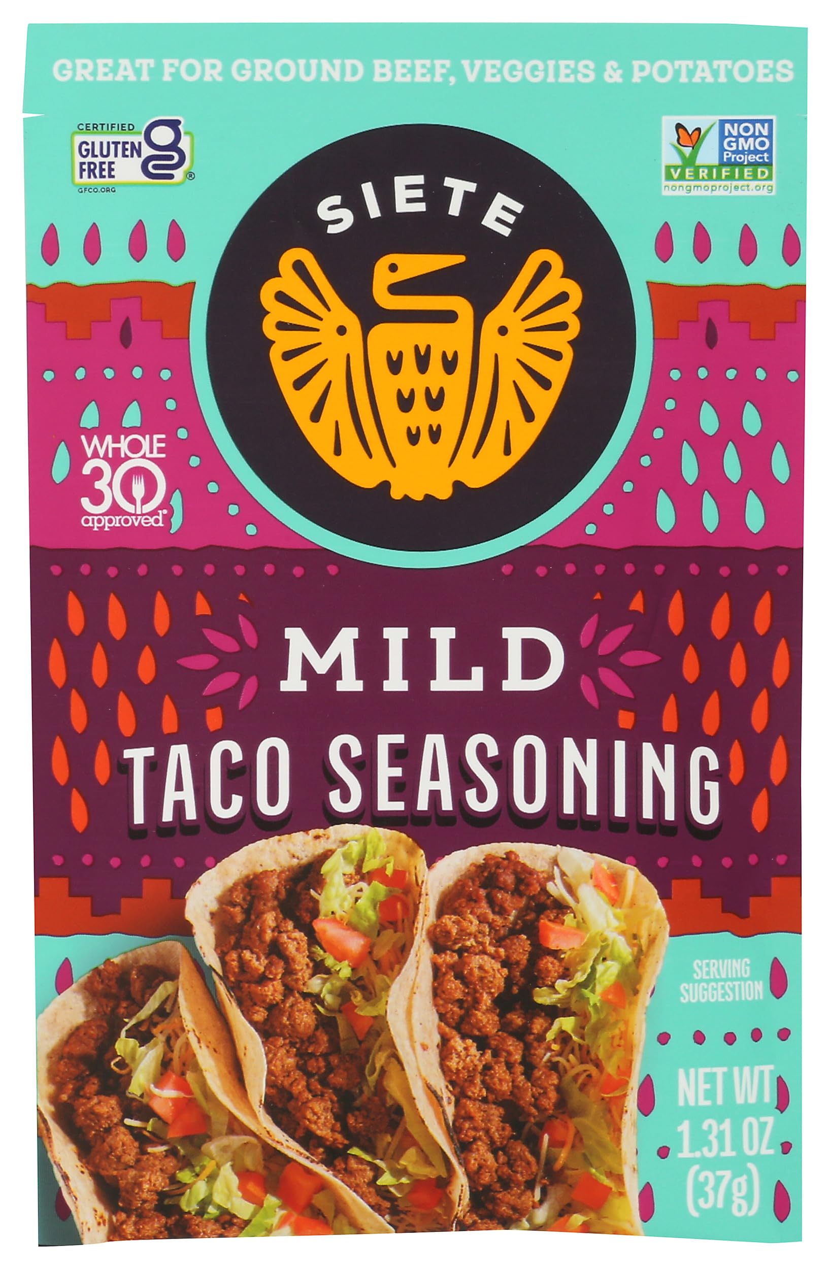 Siete Mild Taco Seasoning packet front showing brand and mild flavor for quick weeknight flavor