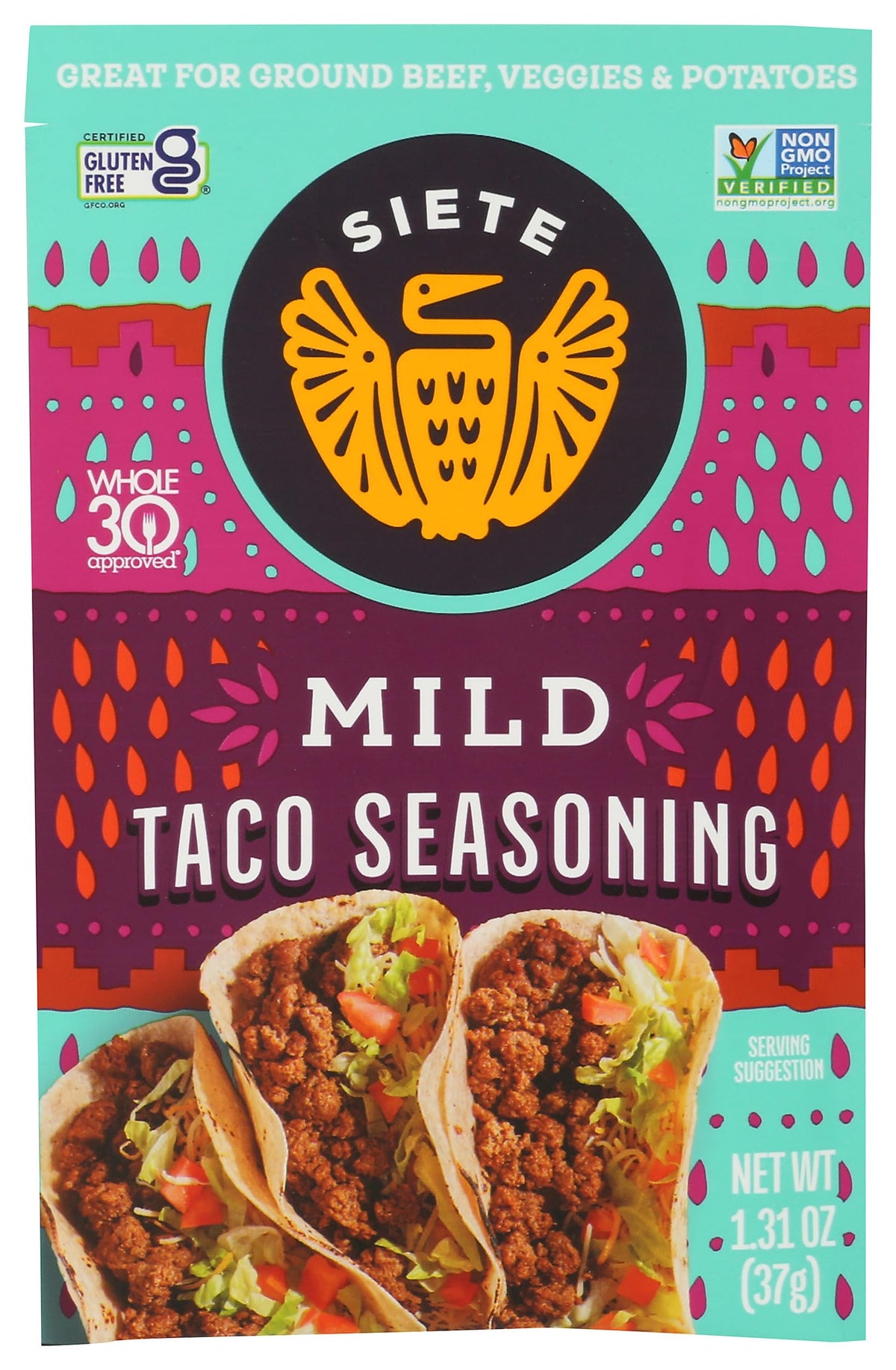 Siete Mild Taco Seasoning packet front showing brand and mild flavor for quick weeknight flavor