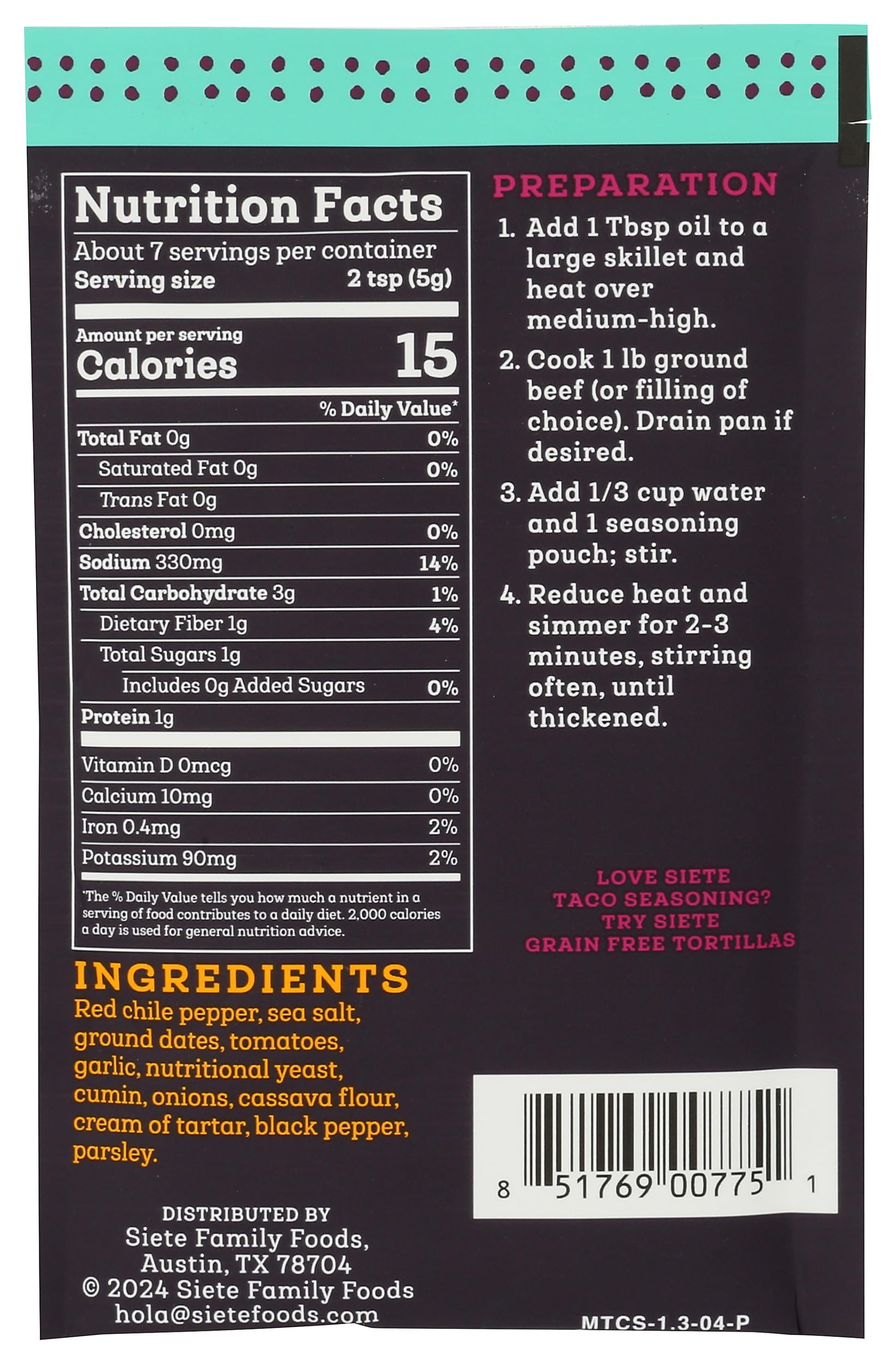 Siete Mild Taco Seasoning spice close-up highlighting tomato and cumin blend