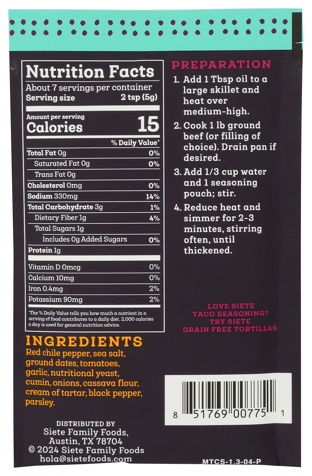 Siete Mild Taco Seasoning spice close-up highlighting tomato and cumin blend