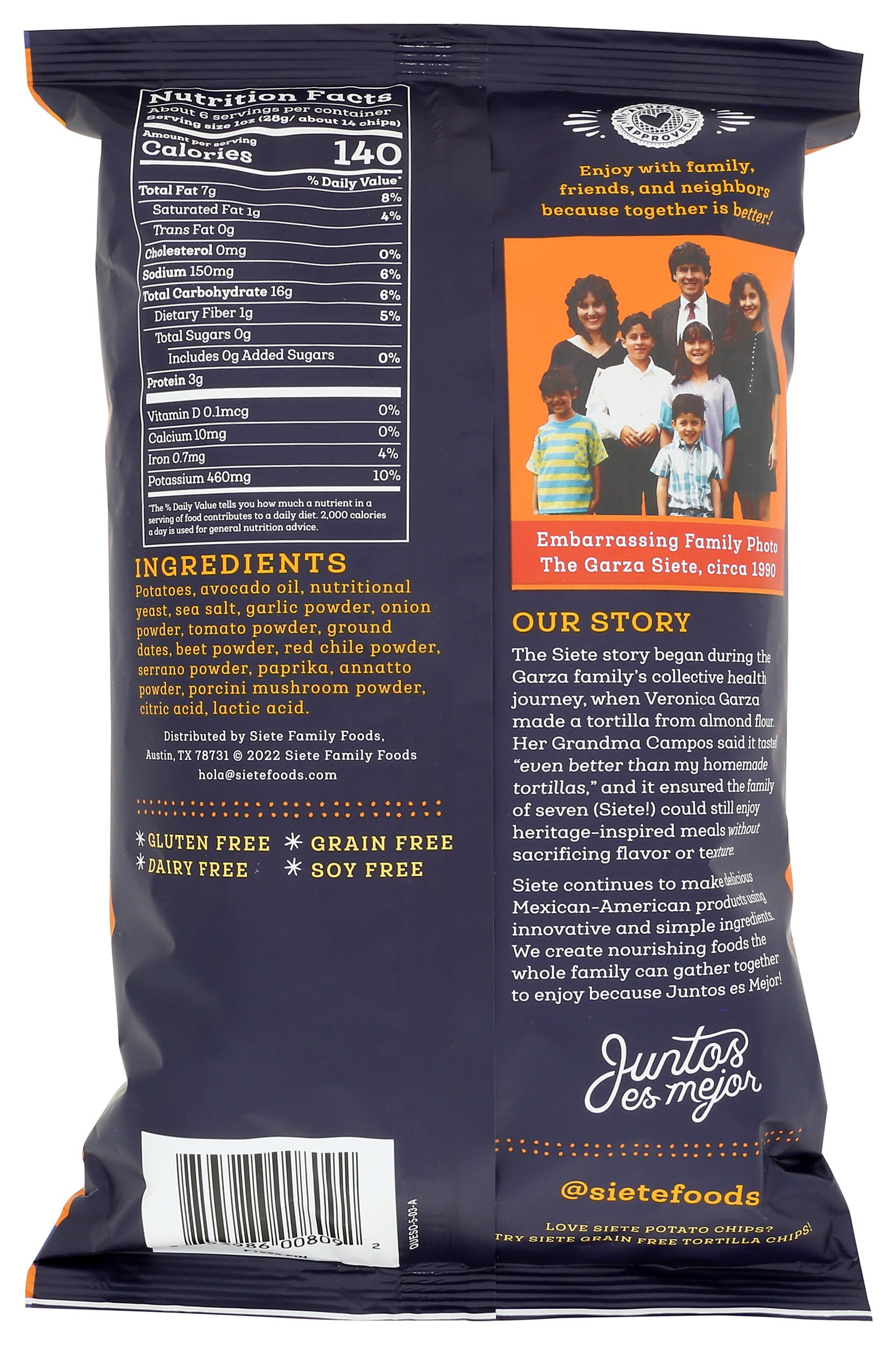 Siete Queso Potato Chips back panel, ingredient highlights without hydrogenated fats.