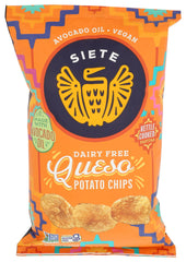 Siete Queso Potato Chips bag front, crisp cheese flavor for snacking.
