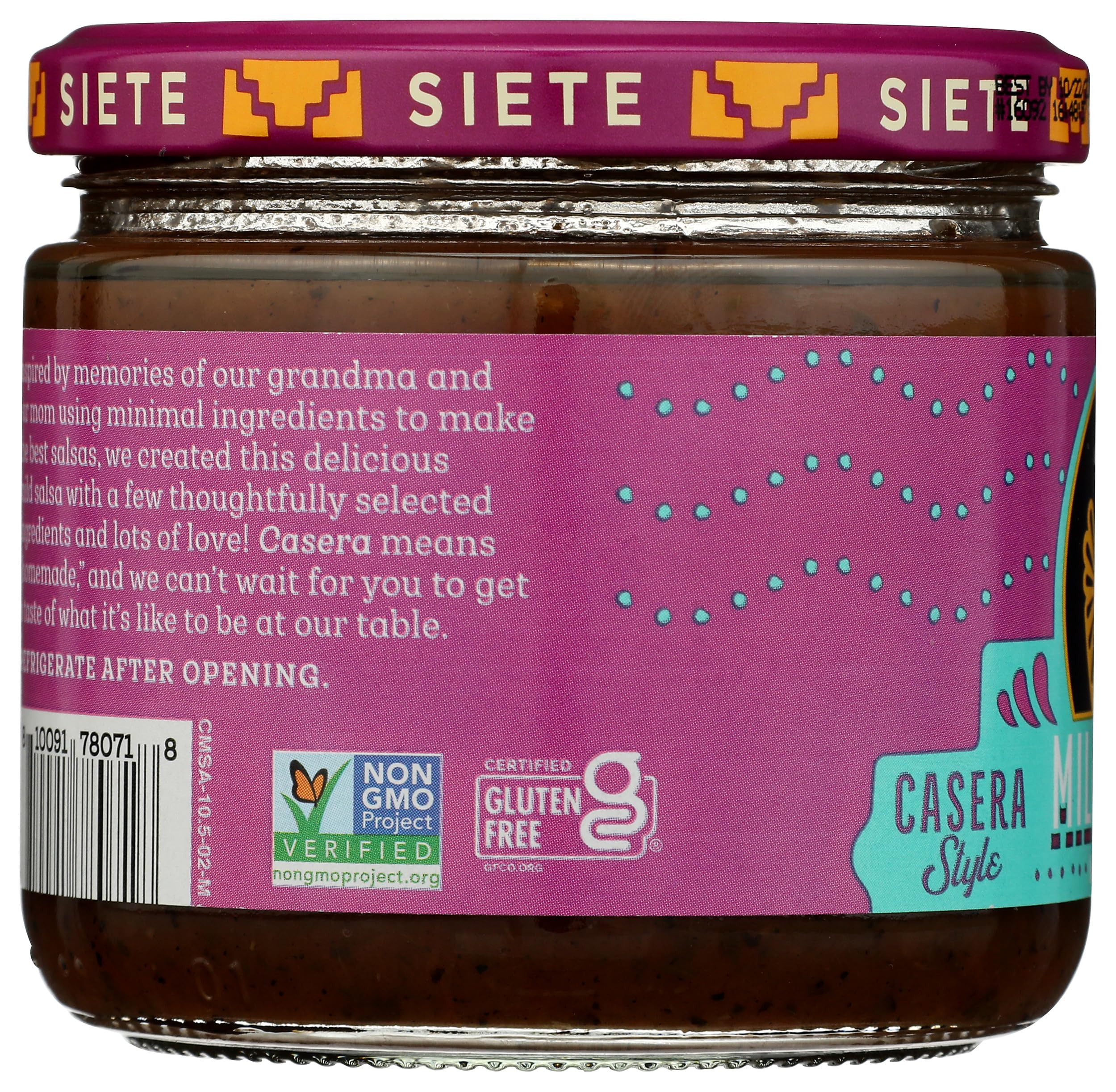 Siete Salsa Mild Casera bottle shows fresh ingredients visible.