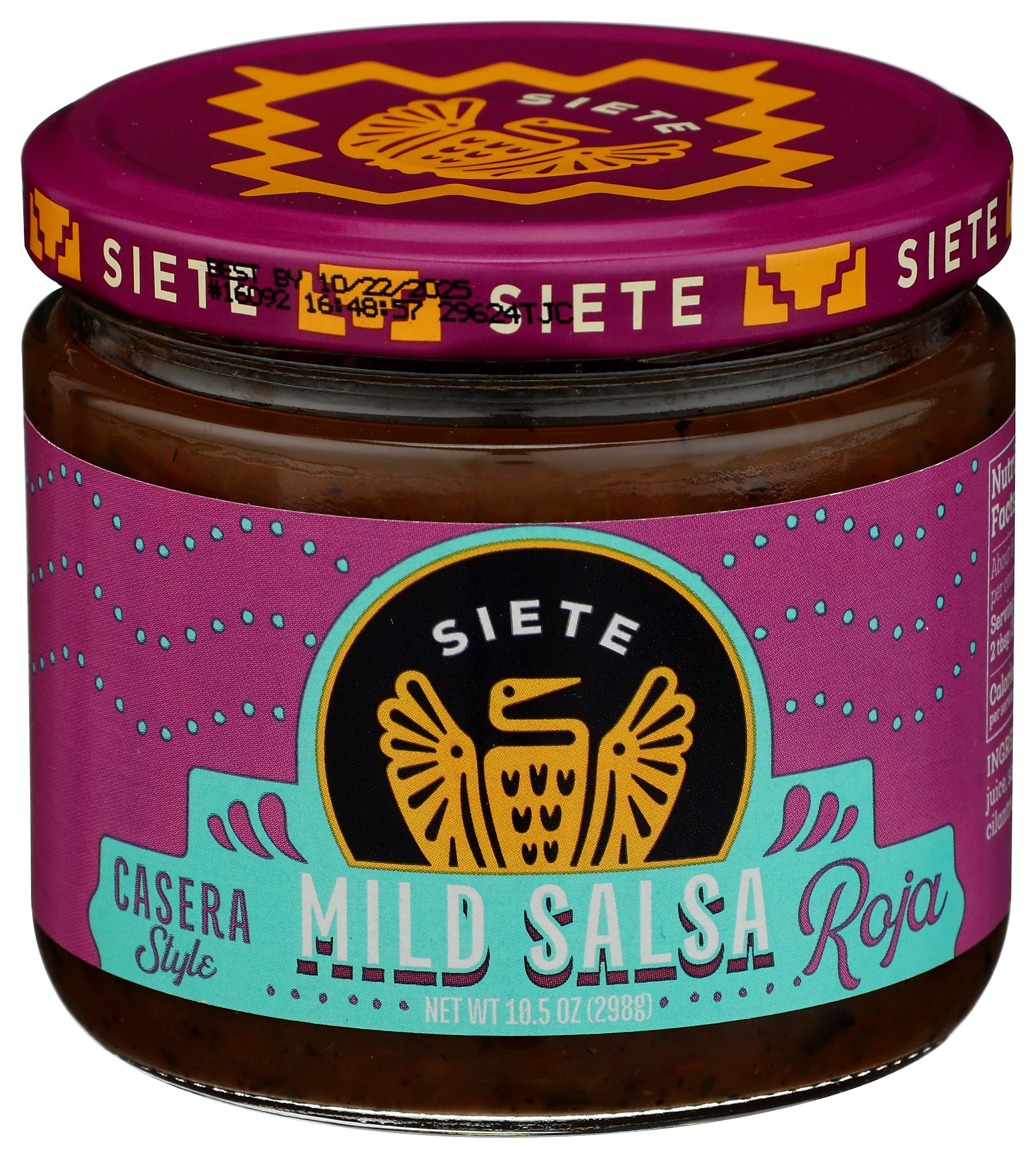 Siete Salsa Mild Casera jar front view, ideal for tacos and nachos.