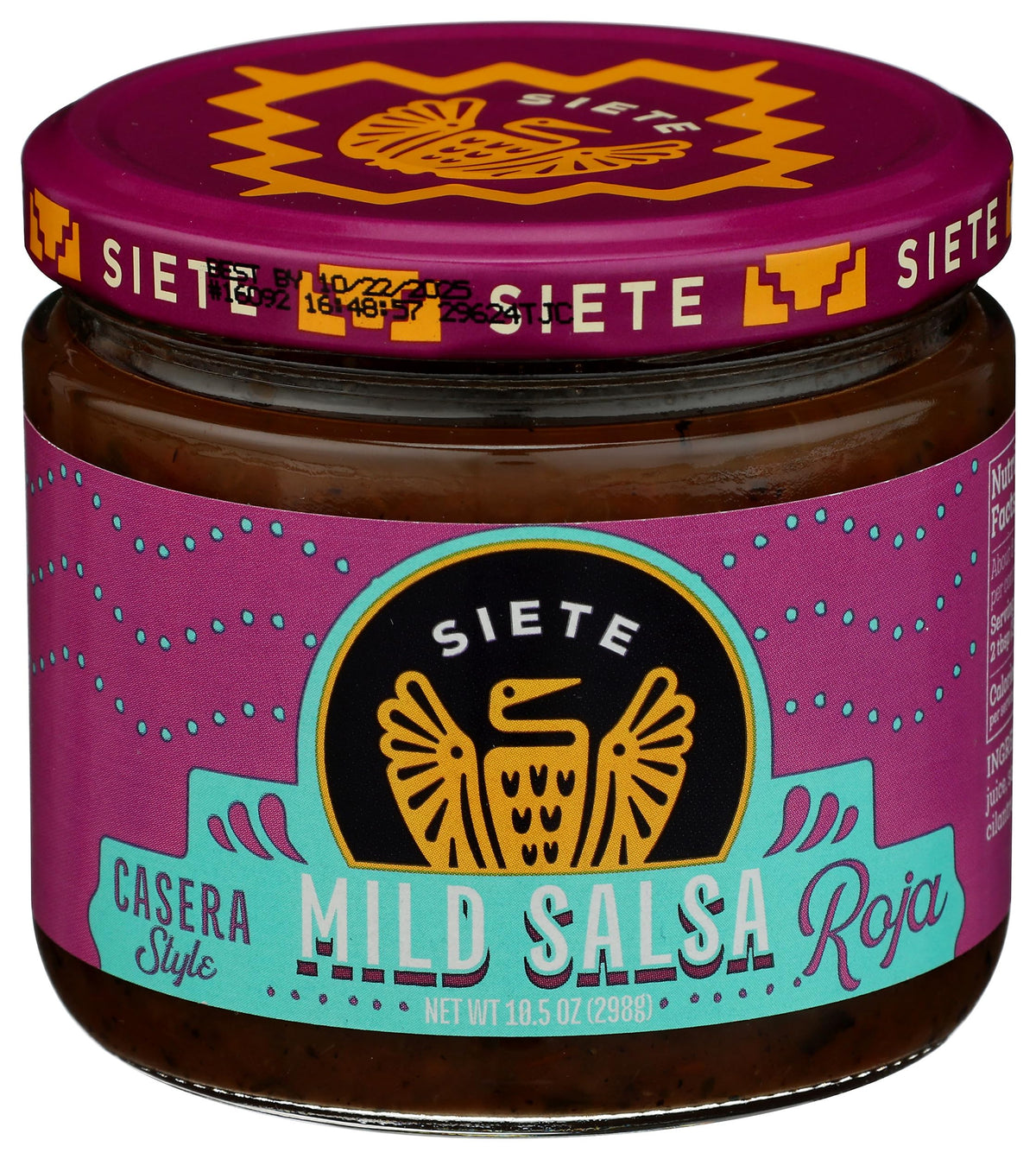 Siete Salsa Mild Casera jar front view, ideal for tacos and nachos.