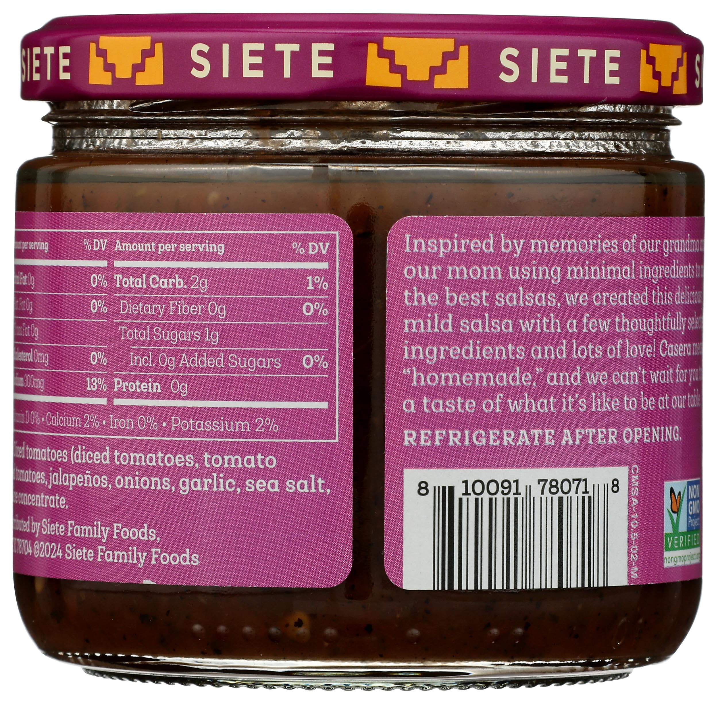 Close-up of Siete Salsa Mild Casera ingredients and quality.