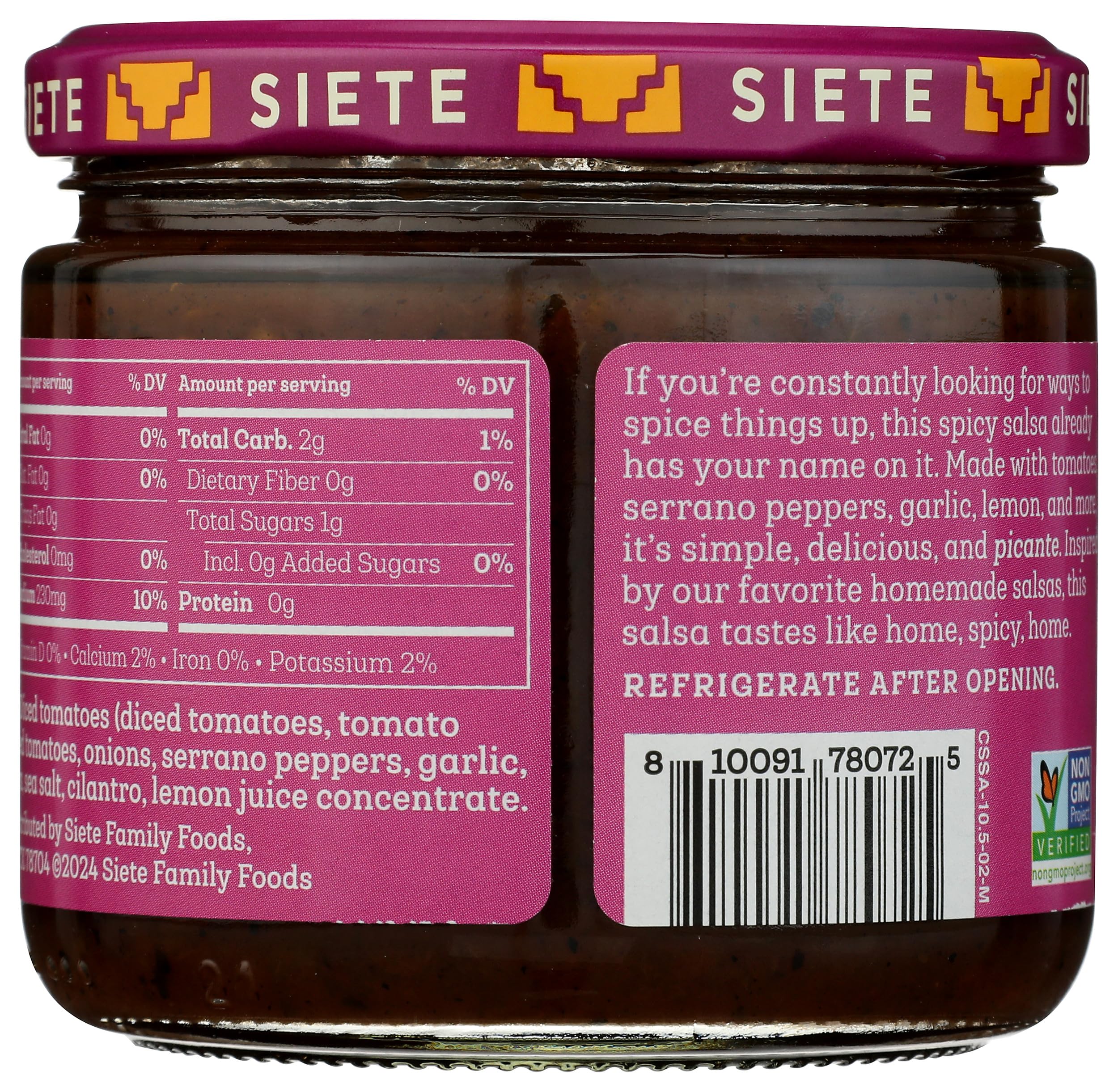Siete Salsa Spicy Casera bottle showcases vibrant color for dipping.