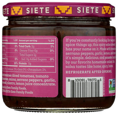 Siete Salsa Spicy Casera bottle showcases vibrant color for dipping.