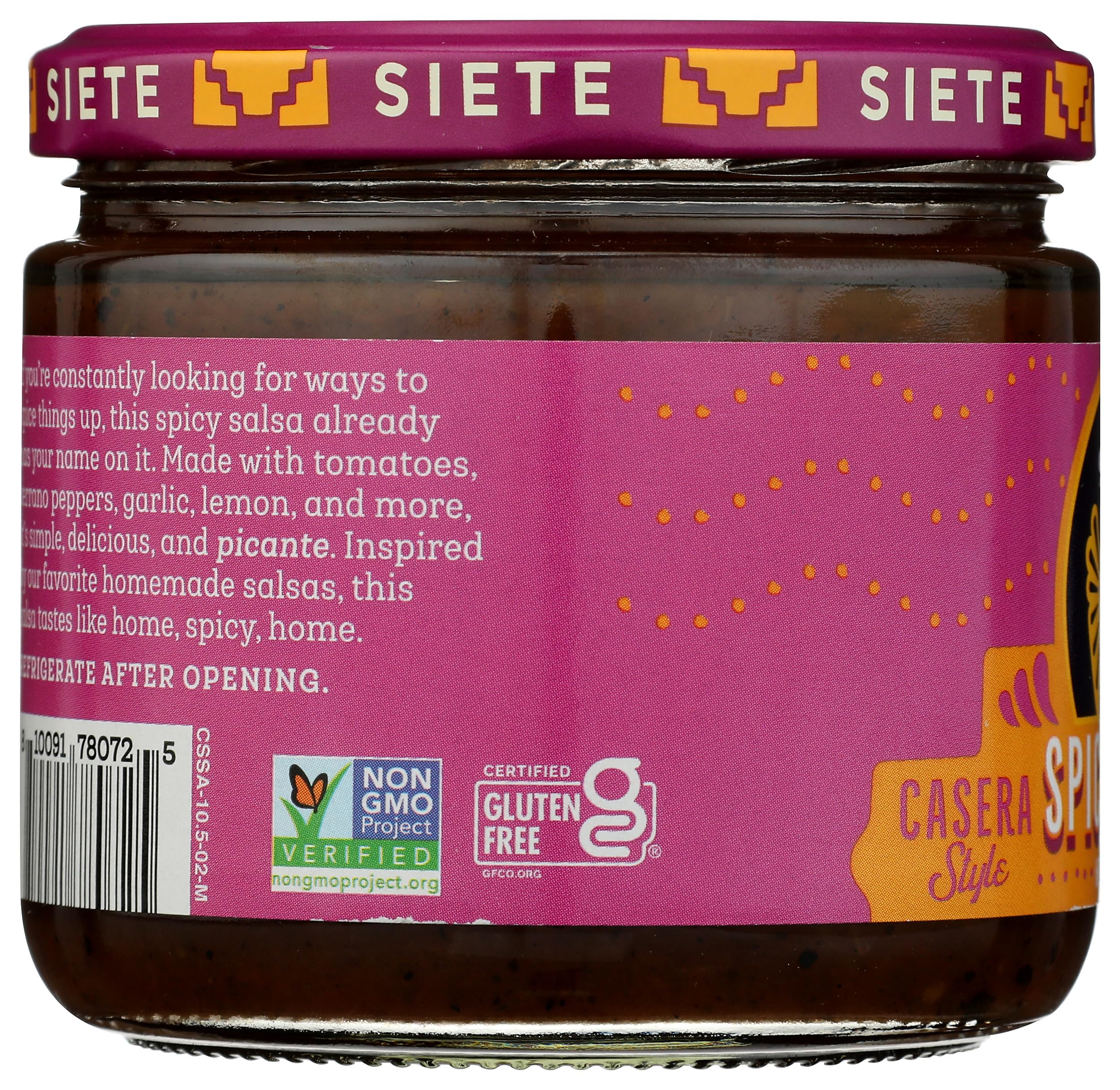 Siete Salsa Spicy Casera enhances grilled meats with bold warmth.