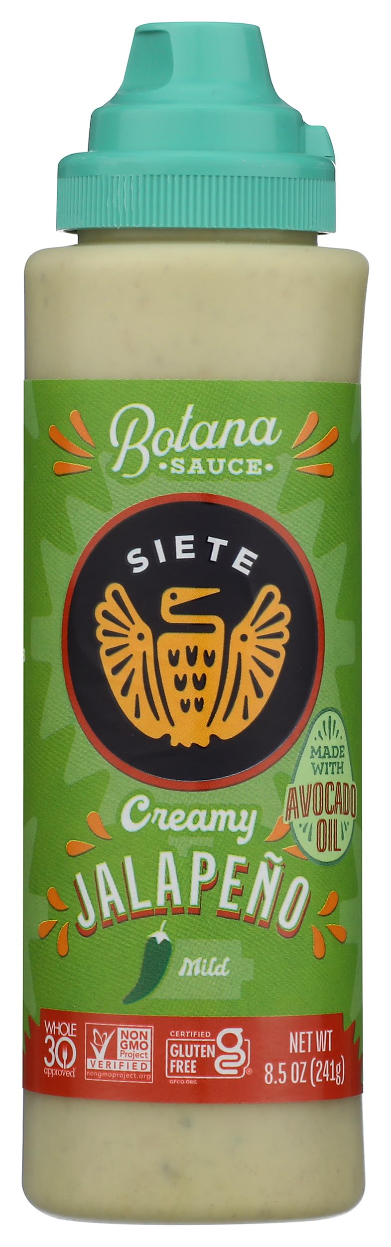 Siete Botana Jalapeno sauce bottle closeup highlights premium ingredients for bold flavor.