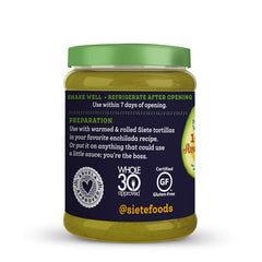 Siete Enchilada Green ingredients close-up highlighting avocado oil and vinegar