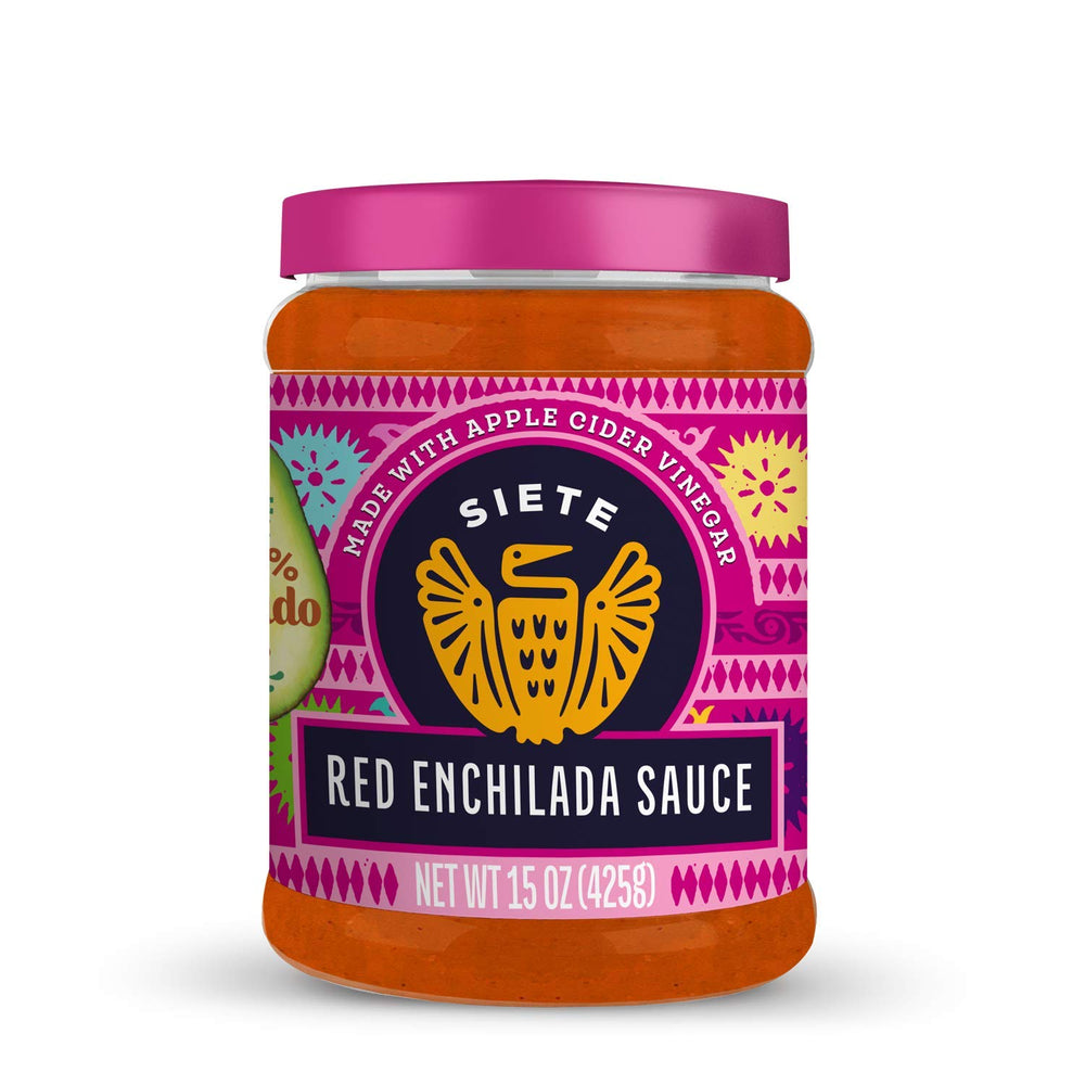 Siete Enchilada Red bottle close-up with avocado oil base for versatile meals.