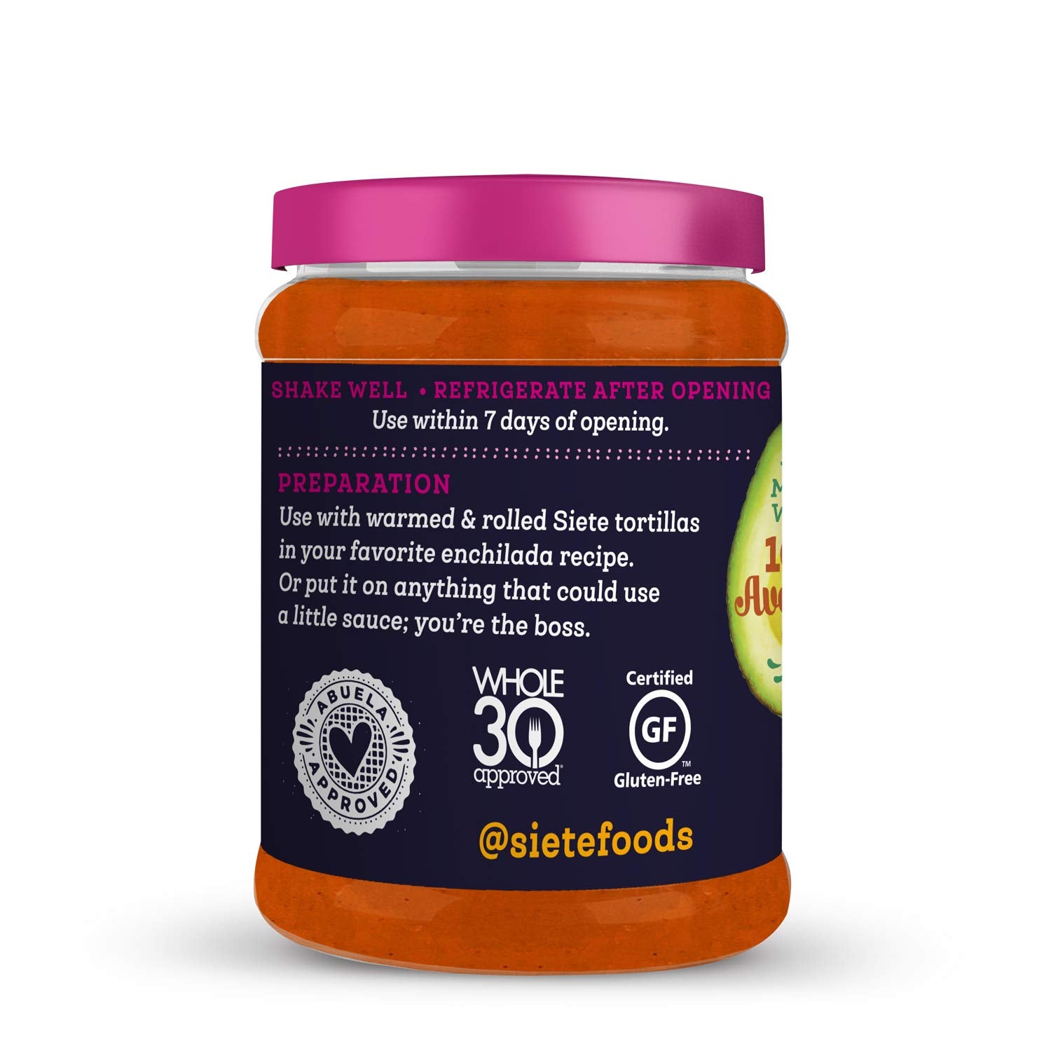 Siete Enchilada Red label close-up showing Whole30 and Non-GMO badges.