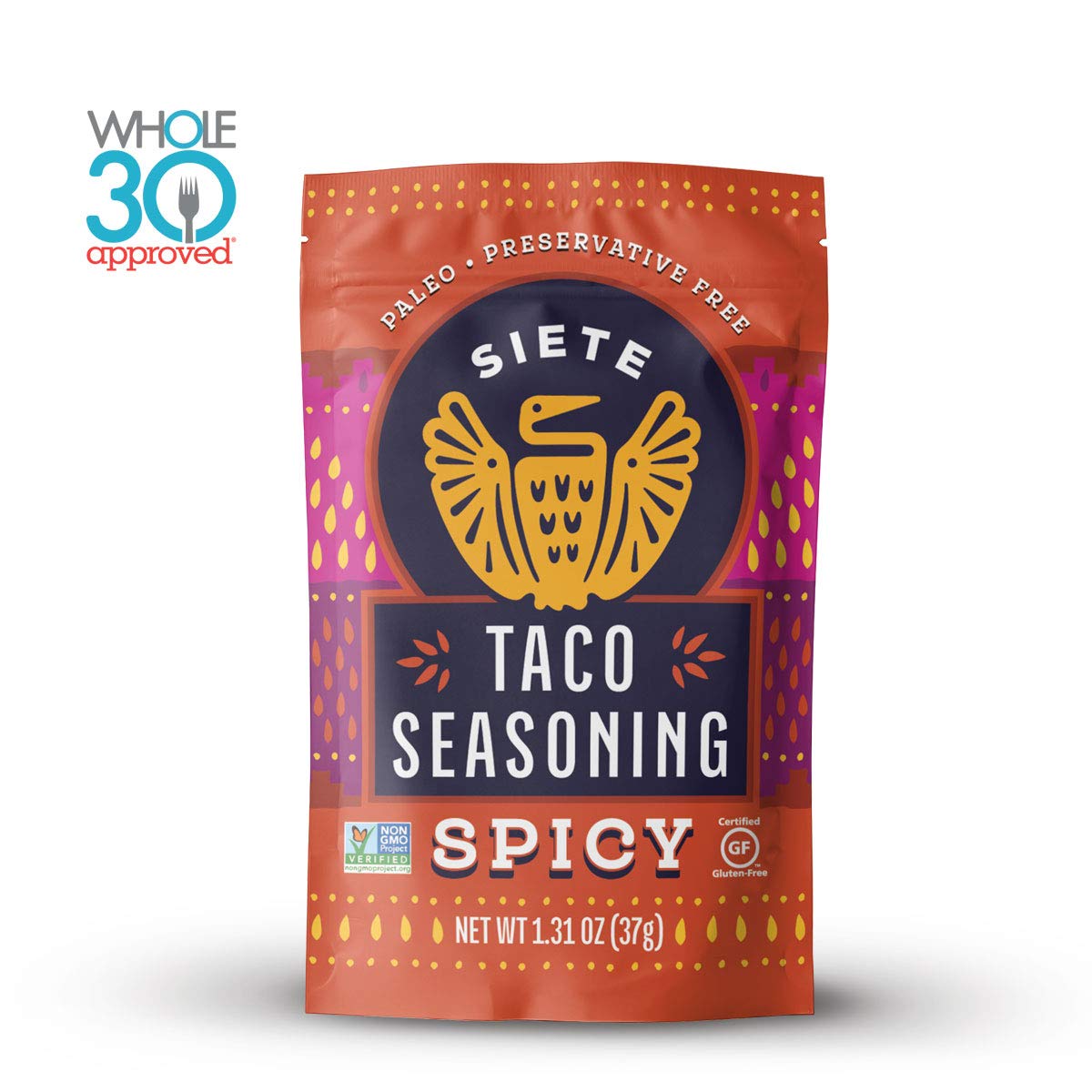 Siete taco seasoning gluten-free label emphasizes allergy-friendly option.