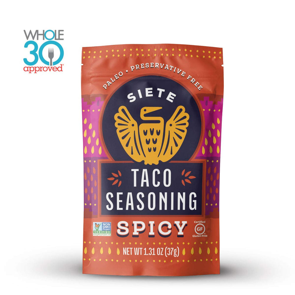 Siete taco seasoning gluten-free label emphasizes allergy-friendly option.