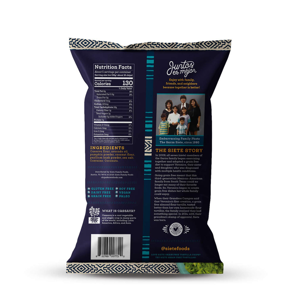Siete tortilla chips close-up texture, thick and crisp for extra dipping.