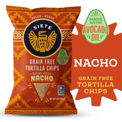 Siete Tortilla Chips dip-ready with guacamole, salsa, or queso.