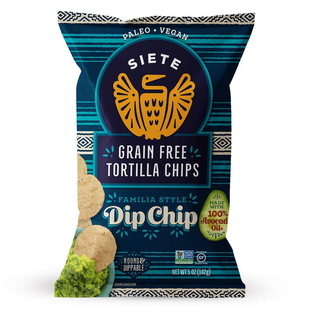 Siete tortilla chips in a pack, sturdy for heavy dips and sharing.