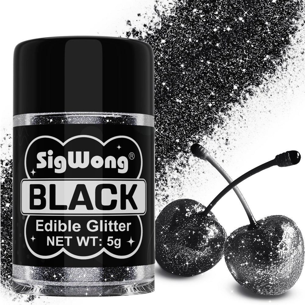 SigWong Black Edible Glitter bottle cap closeup showing precise control for decorating.