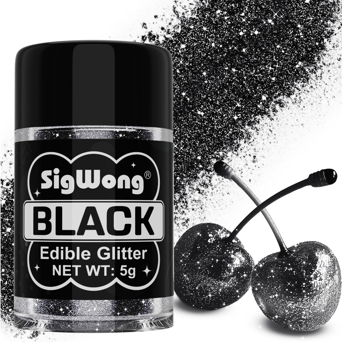 SigWong Black Edible Glitter bottle cap closeup showing precise control for decorating.