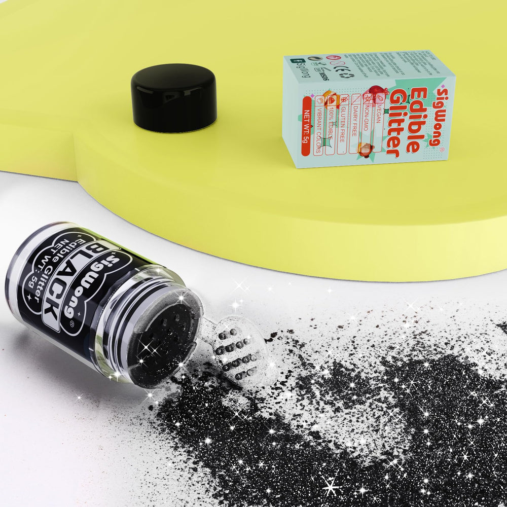 SigWong Black Edible Glitter dusting cake for a glossy midnight finish.