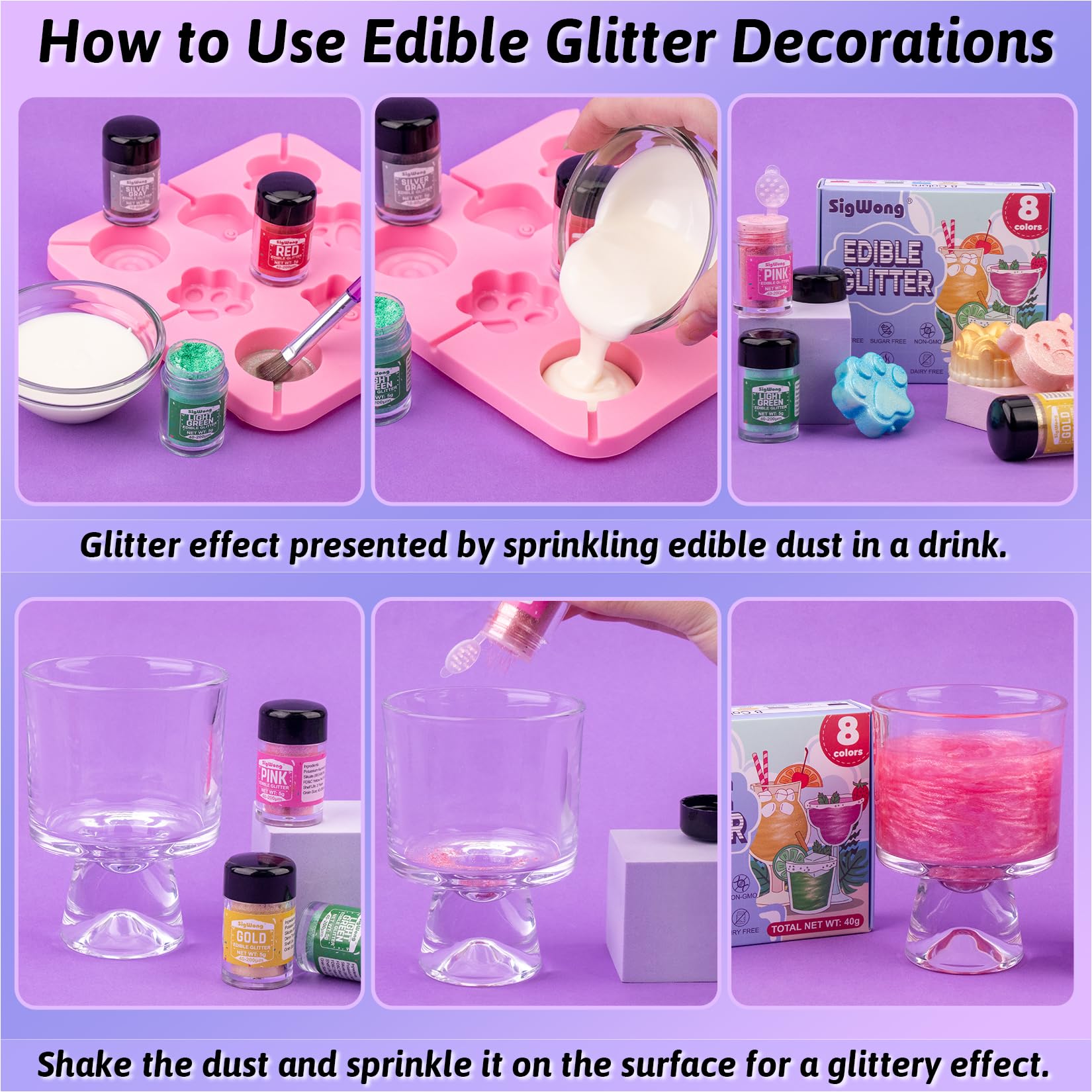 SigWong edible glitter cake decor enhances baked goods with shine