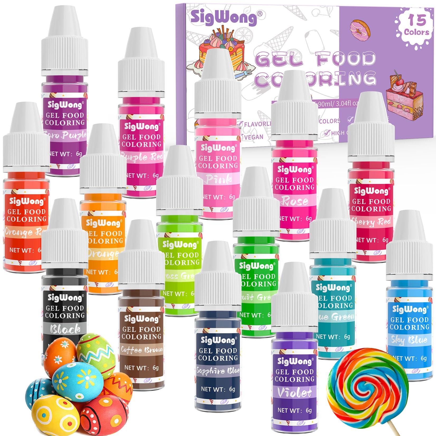 SigWong gel coloring bottle closeup showing vibrant hues for cake decorating.