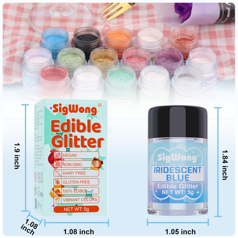 SigWong iridescent blue edible glitter 5g bottle close-up.