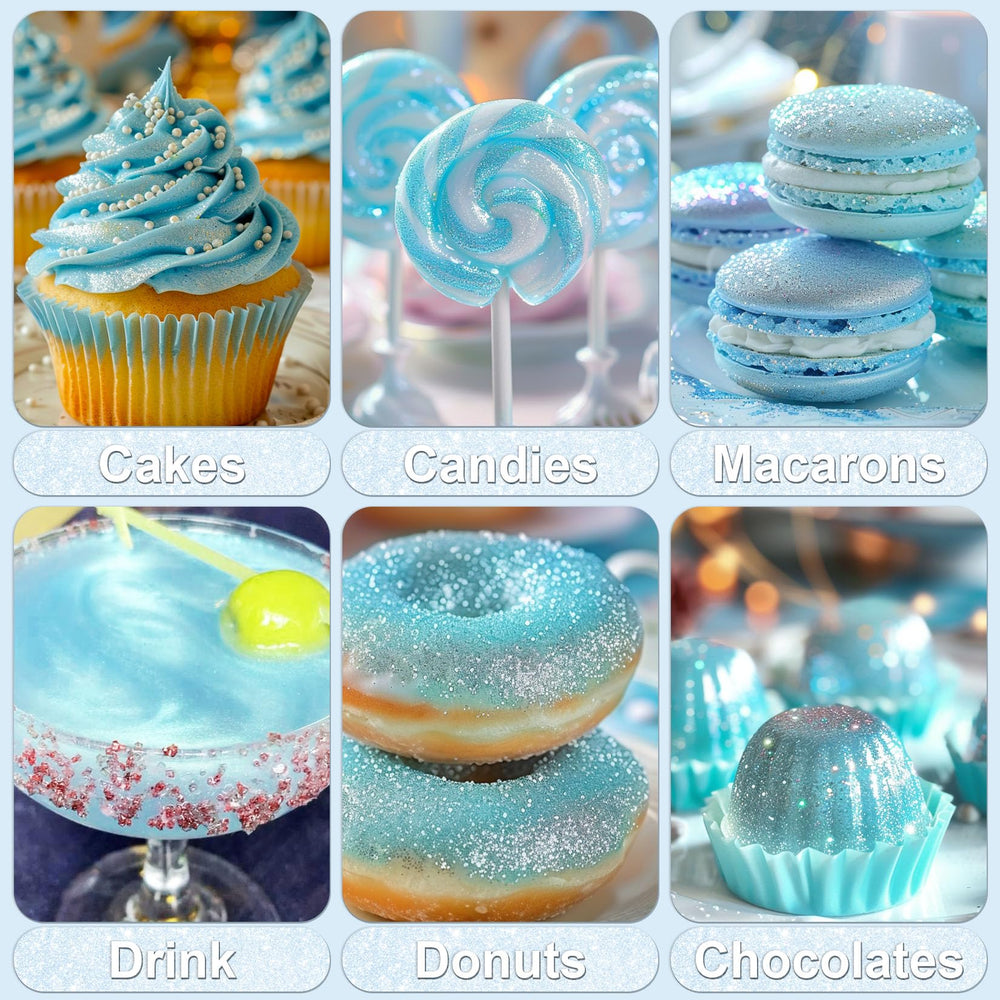 SigWong iridescent blue edible glitter on strawberries and cupcakes.